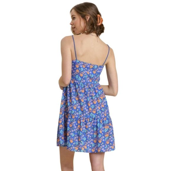 UMGEE Blue Floral Metallic Print Spaghetti Strap Mini Dress K5386 - Picture 2 of 3